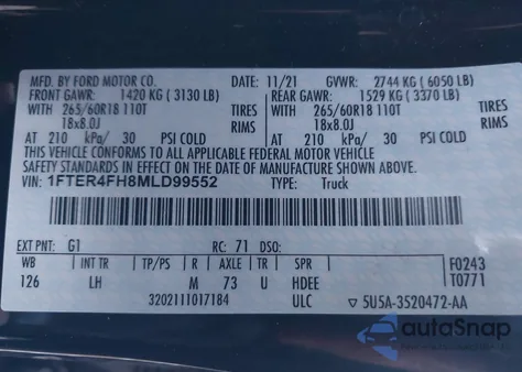 2021 Ford Ranger Xl из США, поврежденный, VIN 1FTER4FH8MLD99552